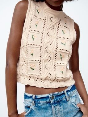 Knit Floral Tank Top ZARA Sleeveless | Large